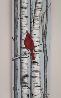 a painting of a cardinal perched on a tree branch in front of some birch trees