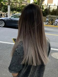 Balayage Hair Long Hair Brunettes, Dark Ice Blonde Hair, Dark Ash Brown Hair Balayage Straight, Brown To Ash Brown Balayage, Grey Silver Balayage, Straight Ombré Hair, Dark Hair With Frosted Highlights, Dark Ash Ombre Hair, Ash Colored Hair Brown