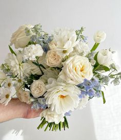 a hand holding a bouquet of white and blue flowers