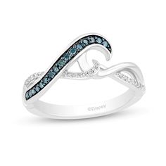 Enchanted Disney Moana 1/5 CT. T.W. Blue and White Diamond Twist Shank Wave Ring in Sterling Silver | Zales Ocean Wave Engagement Ring, Enchanted Disney Engagement Rings, Coastal Engagement Ring, Ocean Themed Engagement Rings, Moana Wedding, Disney Princess Rings, Zales Rings, Wave Rings, Princess Rings