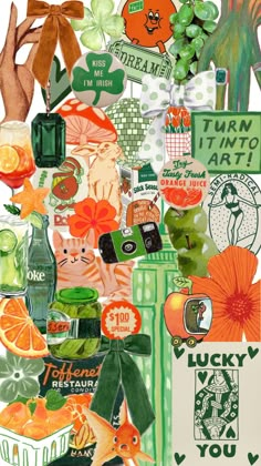 a collage of oranges, green and white items with the words lucky in them