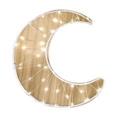 a wooden crescent with string lights on it