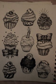 a drawing of cupcakes with different toppings