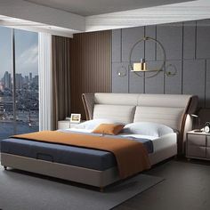 a bedroom with a large window and a bed in front of a cityscape