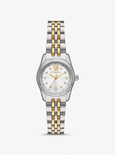 The Lexington watch exudes everyday glamour with its silver and gold hues and sparkling pavé accents. Made entirely of stainless steel, this mini timepiece boasts a round face with a beveled topring and a two-tone bracelet strap. Slip it on to give both day and night outfits a dose of sophisticated charm. Gold And Silver Watch, Michael Kors Lexington, Amazon Orders, White Watch, Engagement Ring Cuts, Two Tone Watch, Watch Model, Michael Kors Watch, Chronograph Watch