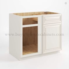 a white cabinet with wooden doors and drawers on the bottom, in front of a white background