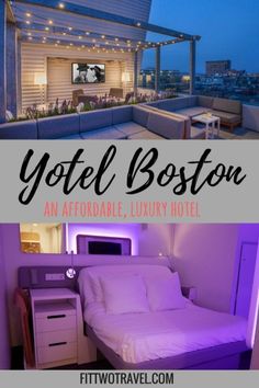 a hotel room with the words yotel boston and an image of a bed in front of it