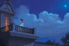 a woman standing on top of a balcony next to a building under a sky filled with stars