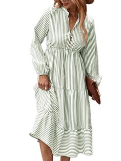 PRICES MAY VARY. Stripe, puff long sleeve, ruffle hem, half button, ankle length, pullover v neck a-line dress for women and ladies. Tiered ruffled hem, streak, elastic high wasit, notch neck swing flowy dress for women design will catch everyone's attention in every occasions, fashion and elegant. This v neck stripe long sleeve midi dress is perfect to pair with high heels or short boots, coats, and jackets to create an elegant look! The half button flowy swing a-line long dress great for datin Boots For Dresses, Dress And Cardigan, A Line Long Dress, Button Up Shirt Dress, Women Design, Stripe Long Sleeve, Puff Long Sleeves, Church Dresses, Long Sleeve Midi Dress