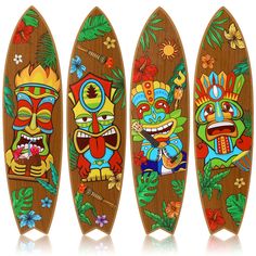 three wooden surfboards with different designs on them