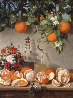 a painting of oranges and flowers on a table