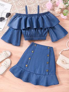 Bleu azur Mignon Collar   Unicolore  Embellished Pas de l'extensibilité Cute Outfits For 10 Years Girl, Cute Outfits For Kids 10-12, Clothes For Girls, Girls Skirt, Skirt And Top Set, Baby Frocks Designs