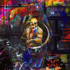 an abstract painting with a skeleton holding a tennis racquet in it's mouth