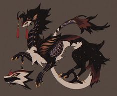 an image of a black and white dragon with gold accents on it's body