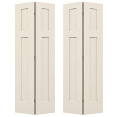 two white doors are open and closed on the same side, with one door opened