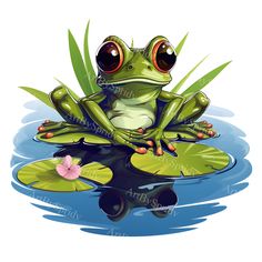 a frog sitting on top of a lily pad in the water with its eyes wide open