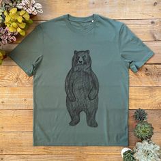 An awesome handprinted (on organic & ethical Tees) Standing Bear T-Shirt. We are Don't Feed The Bears (est 2010) - a husband and wife business in Yorkshire. All our Bear designs are drawn by Lucy and hand printed by Tom. We never use plastic, all our packaging is biodegradable and eco friendly - plus all orders are gift wrapped in our Don't Feed The bears wrapping paper. For our full collection check out our shop - www.etsy.com/uk/shop/DontFeedtheBearsLTD Hand Printed Organic Cotton Crew Neck T-shirt, Hand-printed Organic Cotton Crew Neck T-shirt, Organic Cotton Hand Printed Crew Neck T-shirt, Dont Feed The Bears, South Yorkshire, Bear Men, Groomsmen Gift, Bear T Shirt, Bear Design