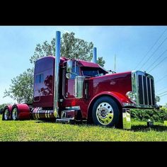 a red semi truck parked on top of a lush green field