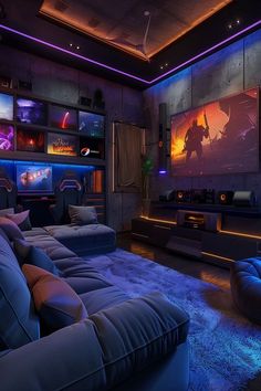 a living room filled with furniture and colorful lights