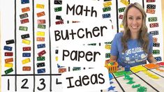 a woman sitting in front of a table with paper and scissors on it, next to a sign that says math butcher paper ideas