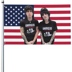 two young men standing next to each other in front of an american flag with the words america's on it