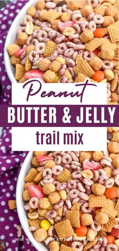 peanut butter and jelly trail mix in a white bowl with purple polka dot tablecloth