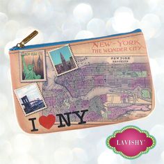 a purse with stamps on it that says i love new york