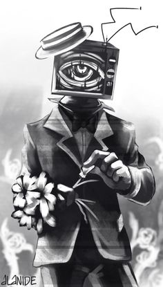 a black and white drawing of a man with an eye on his head holding flowers