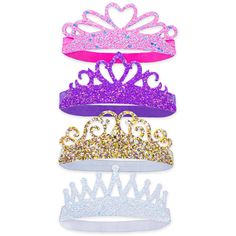 Set of four shimmering chunky glitter tiara headbands Stretchy elastic glitter band Made with sparkly chunky glitter Four unique designs in four colors - pink, purple, gold, and white 16 inch size to best fit toddlers to tweens Adorable princess hair bands for a little girl's birthday party or to play dress up. Tiara Headbands, Sparkly Hair Accessories, Rainbow Braids, Headbands For Girls, Sparkly Hair, Crown For Kids, Birthday Tiara, Tiara Headband, Glitter Crown