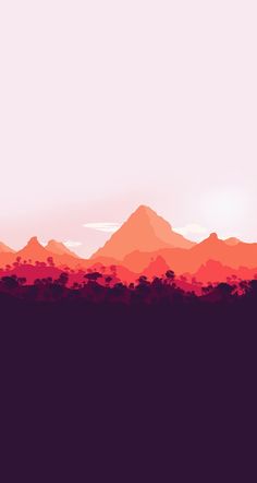 an orange and pink sky with mountains in the background