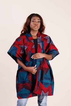 From days at the office to casual hangouts, this African print Kimono Jacket will fit right in with your laid-back style. This kimono features an open-front design that makes a flattering, comfortable fit, and it's easy to pair with both casual and dressy outfits for versatile styling options. You'll love it — keep it simple with a cami layered underneath and pair with cropped denim and sneakers, or amp it up with a dress and heels. Description African print kimono jacket Loose fit, perfect as a African Dresses For Women Coats & Jackets, Plus Size Ankara Jacket, Casual Kimono Jackets, Ankara Jacket Styles, Long Kimono Outfit