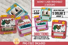 three cards with the words, money card printables and 3 designs on them