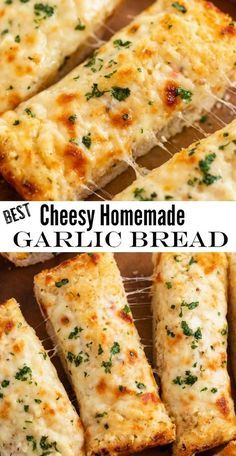 cheesy homemade garlic bread is cut into pieces