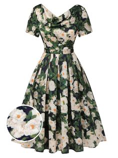 Green 1950s Cowl Neck Painting Flower Dress | Retro Stage 1950 Fashion Women Casual, 1950 Fashion Women, Neck Painting, Green Flower Dress, 1950 Style, Retro Stage, Single Dress, Vestidos Retro, 1950 Fashion