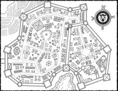 a black and white drawing of a map with lots of buildings, trees, and other things