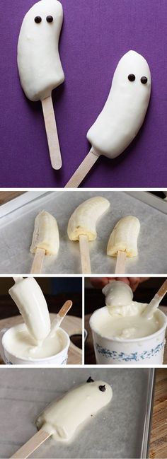 some food that is being made to look like ghost popsicles and marshmallows