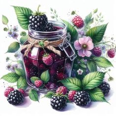 raspberries and blackberry jam in a glass jar with green leaves on the side