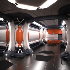 the interior of a futuristic space station with orange and white seats on each seat area