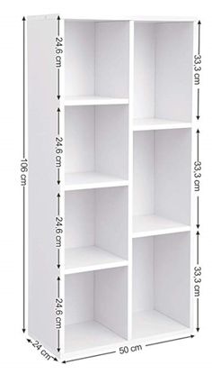 an image of a white bookcase with measurements for the height and width on it