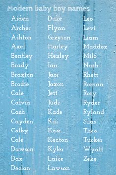 the modern baby boy names are written in white on a blue wood planked wall