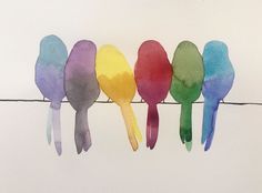 four colorful birds sitting on a wire with watercolor paint all over them's body