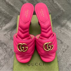 New Authentic Gucci Double G Mid-Heel Slide Sandal Us Size 6.5 Color: Hot Pink/Fuchsia Includes Box And Dust Bag Gucci Platform Sandals, Gucci High Top Sneakers, Gucci High Tops, Gucci Fabric, Navy Blue Pumps, Gucci Boots, Gucci Floral, Gucci Heels, Ankle Rain Boots