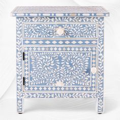 Bone Inlay Bedside Floral 1 Drawer 1 Door Light Blue Blue Bedside Tables, Modern Floral Design, Bone Inlay Furniture, Door Light, Inlay Furniture, Bedside Night Stands, Bone Inlay, Drawer Slides, Hanging Pendant