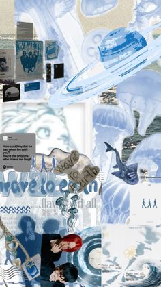 the collage is made up of many different things in blue and white colors, including pictures