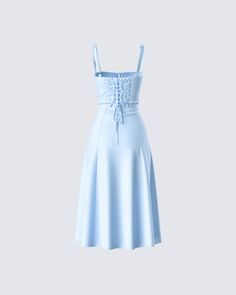 Feeling blue has never looked so cute 😌 With its dreamy hue and flowy silhouette, this dress featuring corset boning, a lace-up back, and a tie at the center bust is full of whimsy 💙 Baby Blue Dress Formal, Baby Blue Homecoming Dress, Homecoming Dress Corset, Corset Dress Casual, Corset Dress Short, Homecoming Dresses Corset, Corset Dresses, Corset Boning, Corset Midi Dress