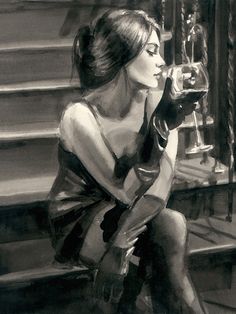 black and white drawing of a woman sitting on stairs drinking from a wine glass in her hand