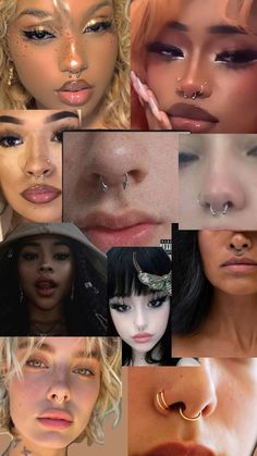 many different images of women with nose rings and piercings on their faces, including one woman's nose