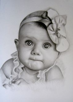 a pencil drawing of a baby with big blue eyes and a bow in her hair