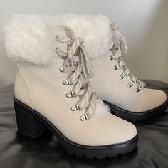 Espirit White Fur Trim Lace Up Ankle Boots Size: 8 Fur Trim 3” Block Heel Never Worn Smoke Free Cream Ankle-high Lace-up Boots For Winter, Cream Ankle-high Lace-up Winter Boots, Cream High Ankle Lace-up Boots For Winter, Cream Ankle-high Winter Booties, Trendy Winter Cream Booties, Cream High Heel Boots For Winter, Winter Beige Lace-up Heels, Chic Beige Lace-up Boots For Winter, Beige Lace-up Heels For Winter