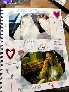 a scrapbook with pictures of two people on it and the words first date written in cursive writing